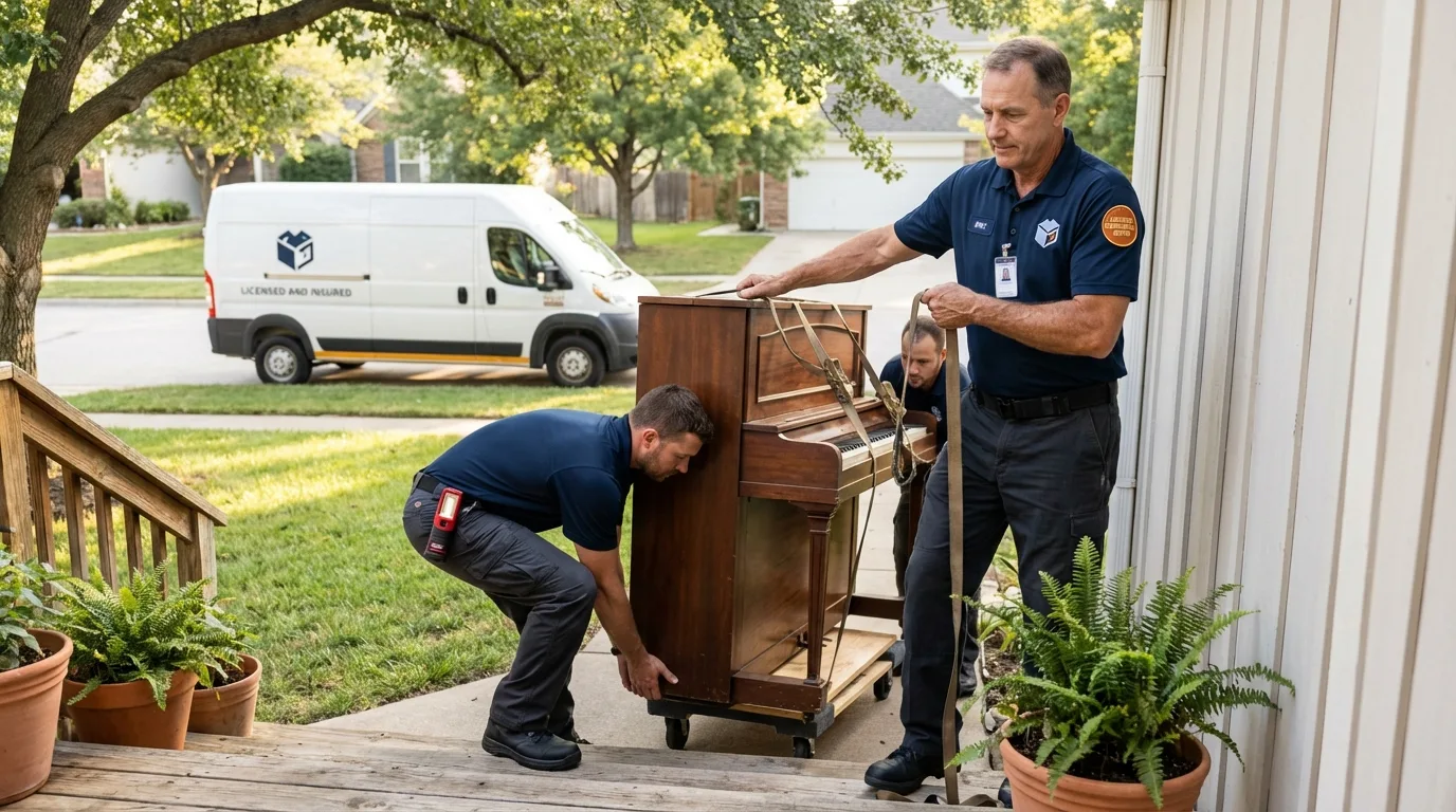 Licensed piano movers securing grand piano in Deer Lodge, MT