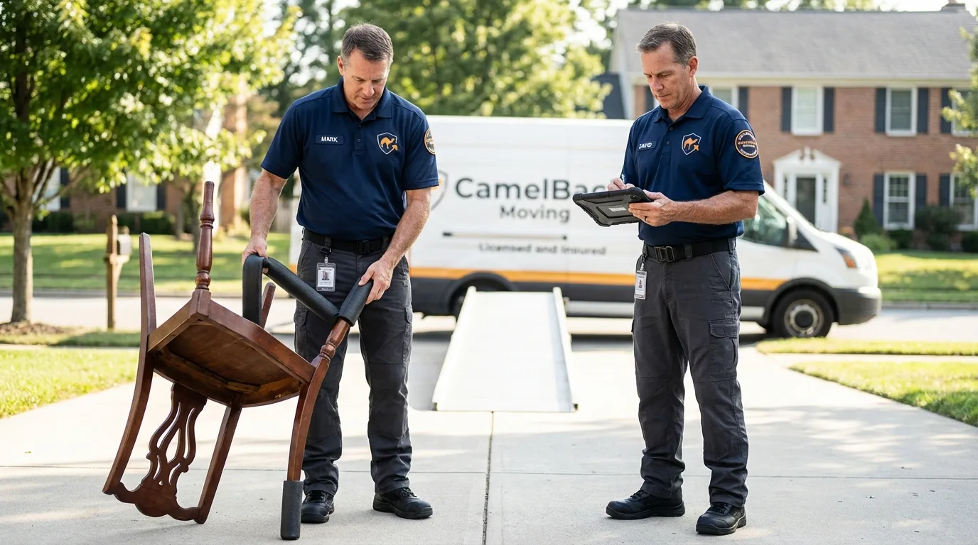 Movers inspecting furniture for damage prevention before loading in Deer Lodge, MT