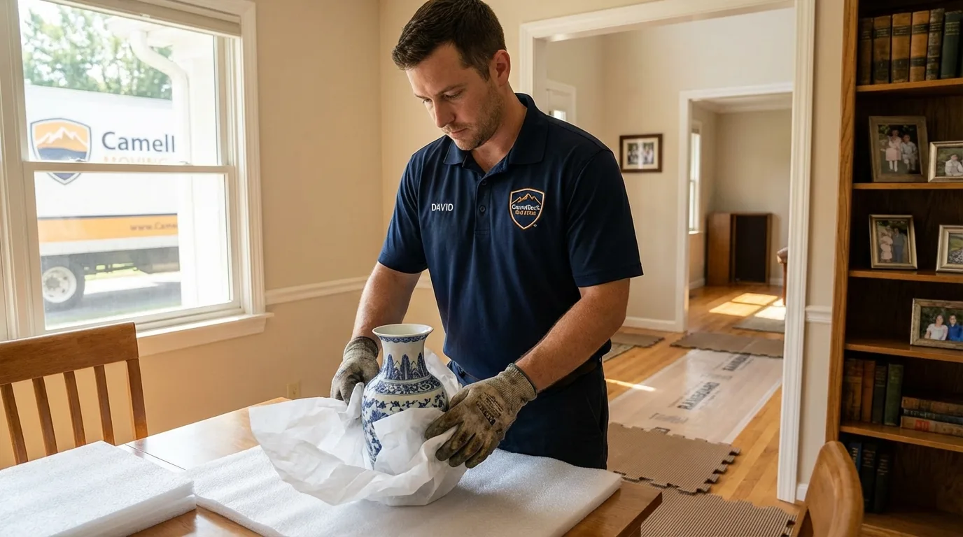 Professional crew carefully wrapping antique vase for senior downsizing move in Deer Lodge, MT